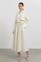Women's Shirt Collar Buttoned Waist-Tied Long Dress-32454 Beige