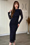 Floral Embroidered Velvet Draped Elegant Midi Navy Blue Dress