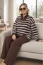Front Half Zippered Striped Patterned 100% Acrylic Fabric Large Size Bottom Top Set - 5