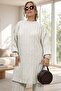 Low Balloon Sleeve Stripe Knitted Tunic Waist Elastic Pants Large Size Winter Knit Set - 7