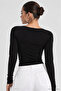 Women's Black U-Neck Flexible Long Sleeve Cotton Blouse - 4