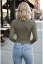 Khaki Crew Neck Basic Body Darkalıp Long Sleeve Blouse - 3