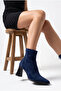 Women's Pointed Toe Back Zipper Navy Blue Suede Stretch Thick Heeled Boots - 4