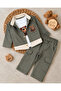 Teddy Bear Printed Stretch Fabric Bodysuit, Buttoned Gabardine Jacket and Bermuda Pocket Detail 3-Piece Baby Boy Set - 2