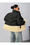 Women's Black Plush Detailed Puffy Coat - Stand-Up Collar Zippered Winter Coat - 3