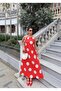Poplin Fabric Large Polka Dot Patterned Long Dress — Red - 4