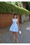 Double Fabric Pleated Mini Dress — Blue - 7