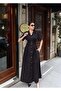 Poplin Fabric Buttoned Short Sleeve Summer Dress — Black - 6