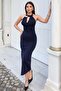 Sandy Fabric Accessory Dress — Navy Blue - 2
