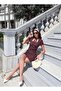 Double Fabric Polka Dot Square Collar Tie Dress — Brown - 3
