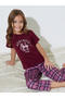 Girls Burgundy Graphic Print T-Shirt and Checked Pants Pyjama Set