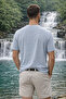 Men's Casual Textured Short Sleeve Blue Linen T-Shirt - 5