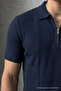 Men's Striped Loose Knitwear Navy Blue Polo Neck T-Shirt - 2