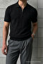Men's Striped Relax Fit Knitwear Black Polo Neck T-Shirt - 5