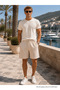 Men's Premium Jogger Loose Textured Beige Linen Shorts - 2
