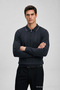 Men's Casual Polo Collar Zippered Black Striped Knit Sweater - 5