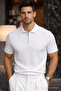 Men's Striped Premium White Knitwear Polo Neck T-Shirt