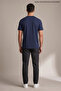Navy Blue Men's Crew Neck Loose Fit T-Shirt with Chest Band - 6