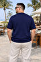Men's Large Size Casual Summer Navy Blue Knitwear T-Shirt - 5