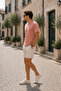 Men's Chest Embroidered Casual Loose Peach T-Shirt - 6