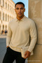 Men's Casual Long Sleeve Beige Polo Neck T-Shirt - 3