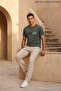 Khaki Green Men's Simple Printed Crew Neck Loose Fit T-Shirt - 3