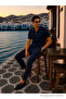 Men's Textured Premium Fabric Loose Fit Navy Blue Polo Neck T-Shirt - 2