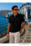 Men's Premium Imported Textured Fabric Striped Black Polo Collar T-Shirt