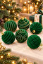 Christmas Pine Tree Ornament Velvet Green Ball 8 cm Set of 6 - 3