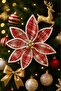 Christmas Pine Tree Ornament Ponsetia Flower Large Red White Edged - 6