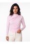 Pink Stretchy Textured High Neck Long Sleeve Slim Fit Knitted Blouse with Gathered Side Detail - 2