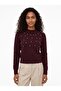 Burgundy Soft Textured Half Turtleneck Raglan Sleeves Stone Detailed Standard Fit Knitwear Sweater - 2