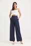 Navy Blue Woven Fabric High Waist Wide Leg Comfortable Fit Pants with Zipper and Buttons - 2