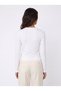 White Ottoman Fabric Crew Neck Long Sleeve Slim Fit Stone Detailed Knitted Blouse - 3
