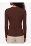 Brown Corded Stretchy Textured Crew Neck Long Sleeve Blouse with Gold Buttons and Slit Detail - 3