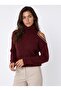 Burgundy Soft Textured Turtleneck Low Shoulder Pearl Detailed Comfortable Fit Knitwear Sweater - 2