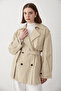 Women's Stone Double-Breasted Collared Lined Trench Coat - 2
