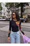 Black Patterned Camisole Fabric Crew Neck Ribbed Textured Long Sleeve Slim Fit Blouse