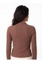 Brown Stretchy Textured High-Neck Long-Sleeved Slim-Fit Blouse with Outward-Swelling Stitching Detail - 3