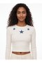 Ecru Stretchy Camisole Fabric Long Sleeve Crew Neck Star Embroidered Crop Form Blouse - 2