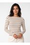 Milky Coffee Cotton Stretch Fabric Wide Boat Neck Long Sleeve Striped Patterned Slim Fit Blouse - 2