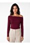 Burgundy Cotton Stretch Fabric Wide Collar Long Sleeve Low Shoulder Detailed Knitted Blouse - 2