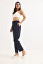 Navy Blue Polyester Fabric, Elastic Waist, Folded Legs, Standard Cut, Comfortable Fit Pants with Pockets - 4