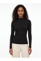 Black Ribbed Stretch Knit Fabric High Neck Long Sleeve Fitted Slim Fit Blouse - 2