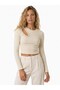 Beige Camisole Fabric Long Sleeve Slim Fit Stone Embroidered Blouse with Chest Window Detail - 2