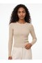 Beige Stretchy Camisole Fabric Long Sleeve Crew Neck Slim Fit Blouse with Silver Stone Detail - 2