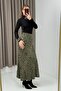 Khaki Satin Fabric Elastic Waist Leopard Patterned Flowing Form Long Skirt - 4