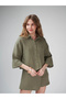 Women's Collared Buttoned Pocketless Short Muslin Bat Sleeve Shirt Cty-Abr-7366 - 3