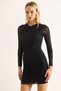 Black Polyester Fabric Crew Neck Long Sleeve Slim Fit Lined Tulle Draped Detail Mini Dress - 4
