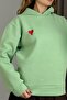 Water Green Three Threaded Threaded Heart Embroidered Kangaroo Pocket Hooded Long Sleeve Sweatshirt - 4